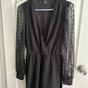 SHEIN Black Long-Sleeve Mesh Wrap Dress